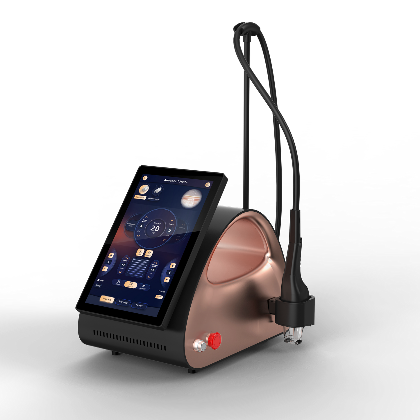 Thulium Laser Pro Mini angled to the left, highlighting the control panel, fibre connection port, and ergonomic layout.