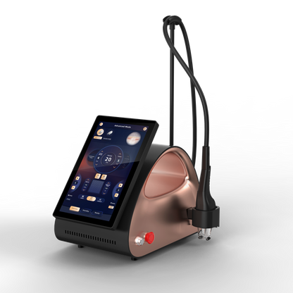 Thulium Laser Pro Mini angled to the left, highlighting the control panel, fibre connection port, and ergonomic layout.