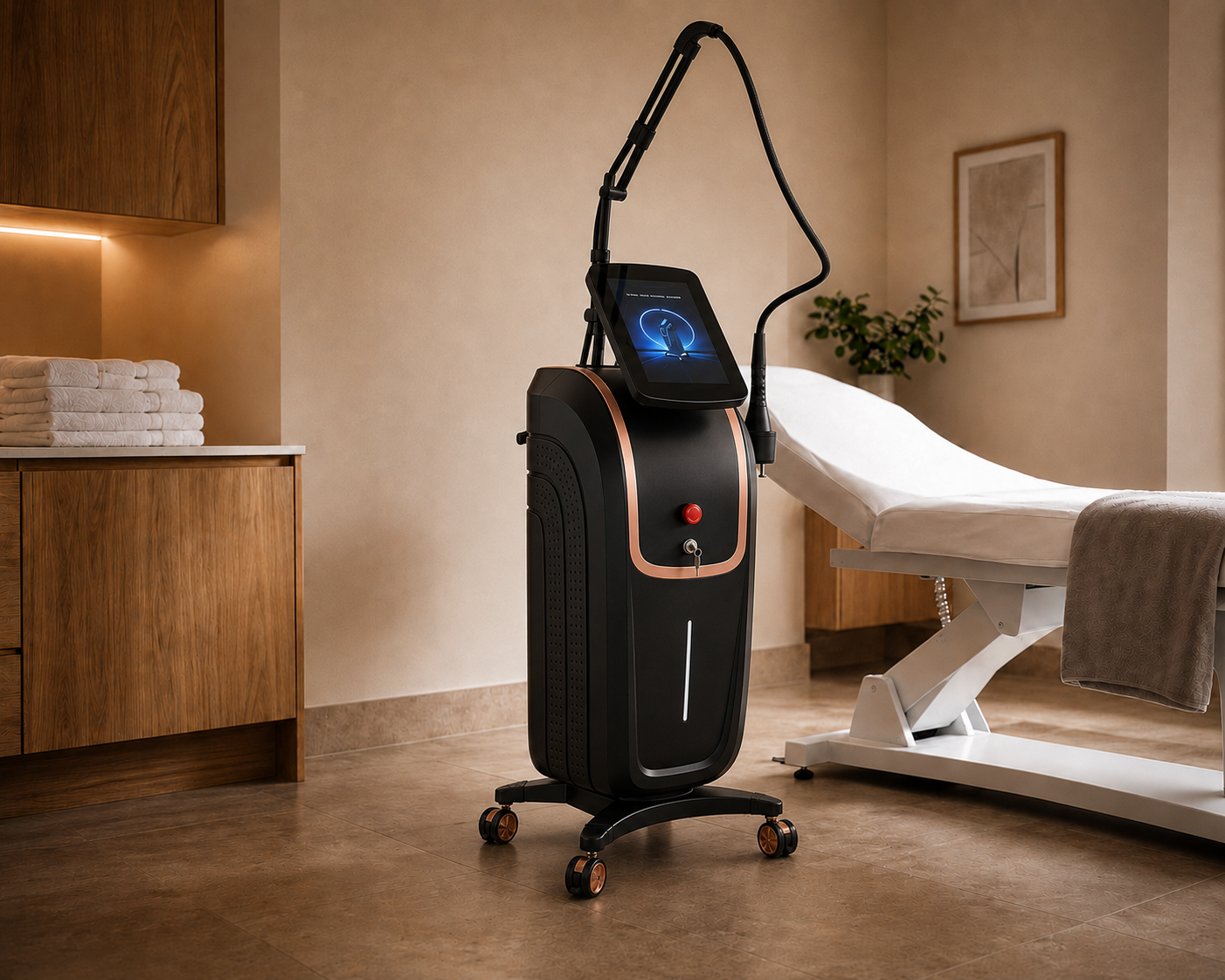 Thulium Laser Pro Dual™ dual-wavelength fractional laser platform beside an aesthetics treatment bed