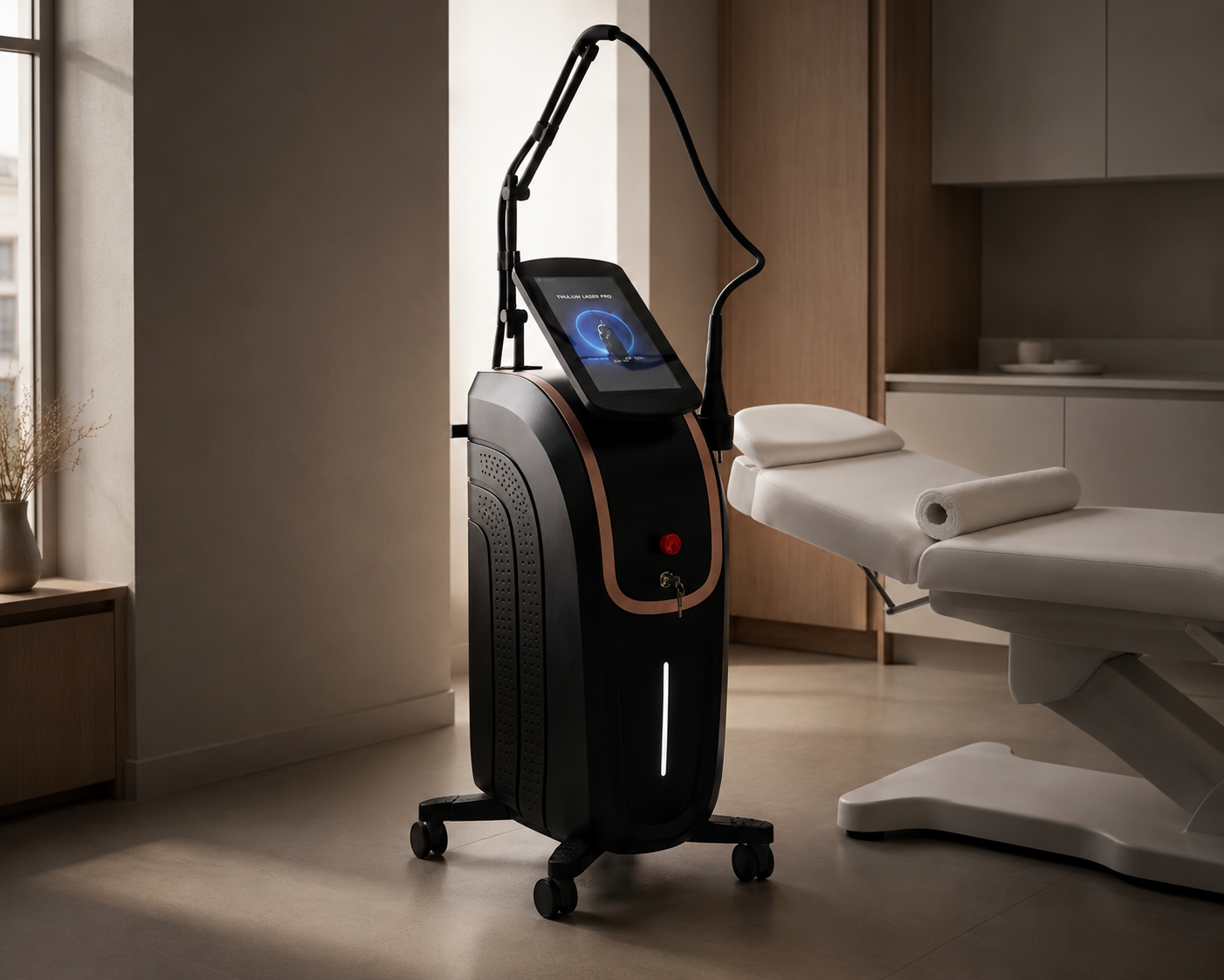 Thulium Laser Pro Dual™ side profile showing touchscreen, articulated treatment arm and clinic-ready design