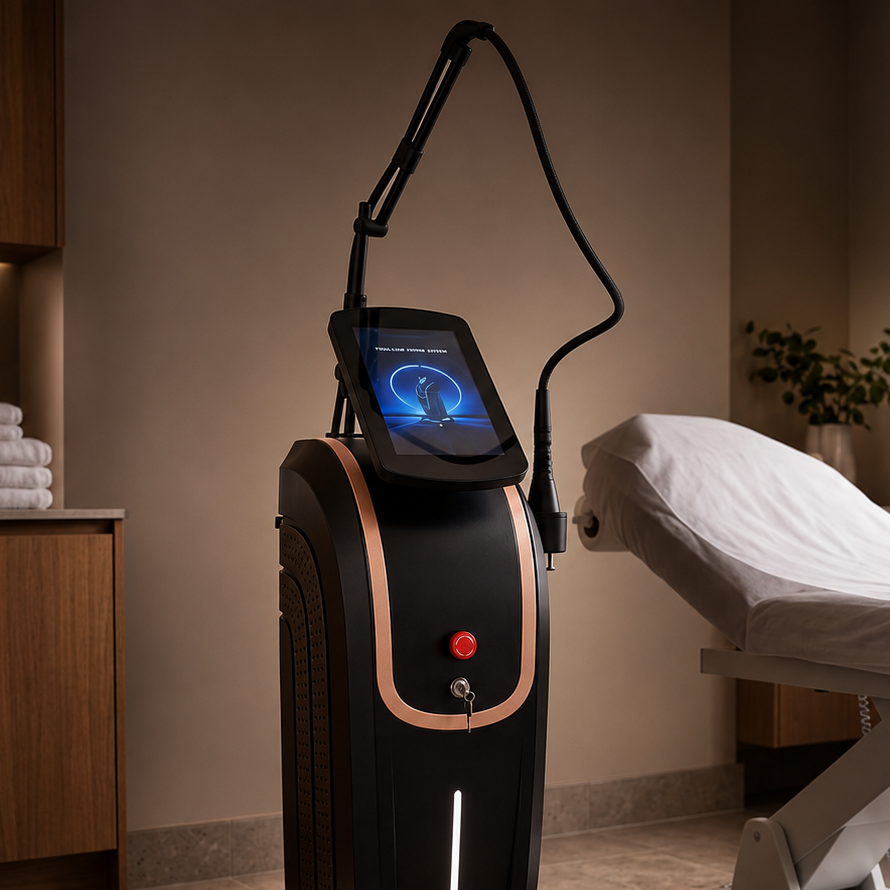 Thulium Laser Pro Dual™ close three-quarter view showing touchscreen, treatment arm and rose-gold detailing