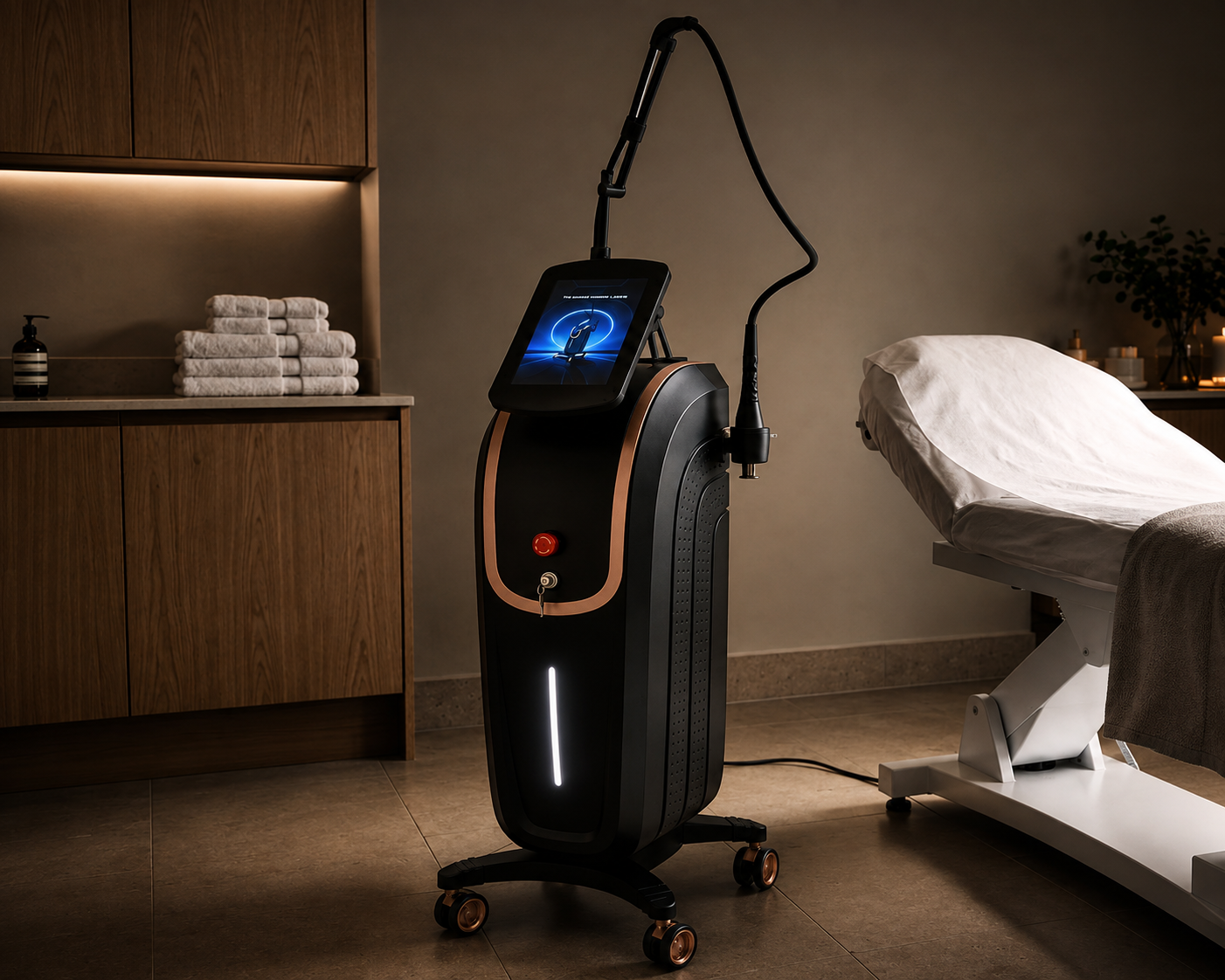 Thulium Laser Pro™ professional 1927nm fractional laser platform beside an aesthetics treatment bed