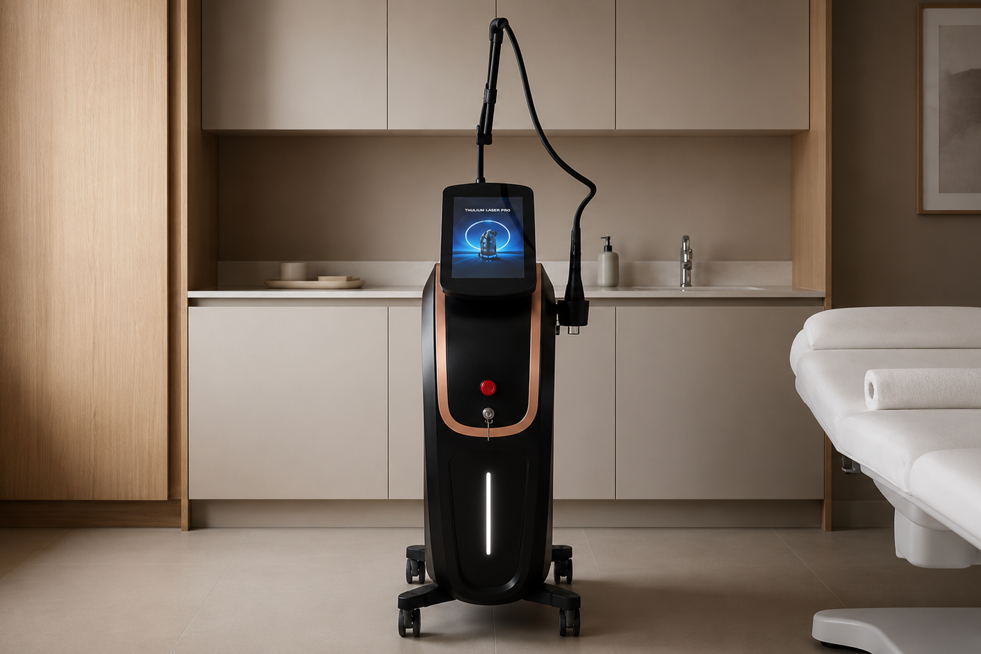 Thulium Laser Pro Dual™ 1927nm Thulium and 1550nm Erbium Glass laser system in a premium aesthetic clinic treatment room.