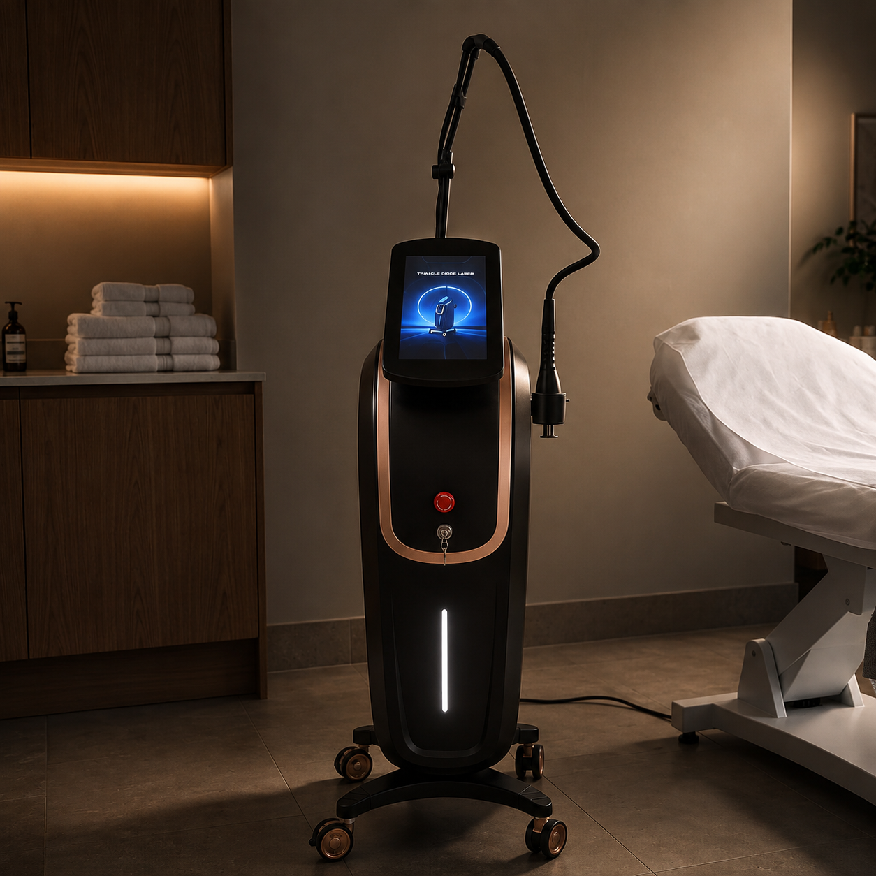 Thulium Laser Pro™ full-length front view beside an adjustable treatment bed
