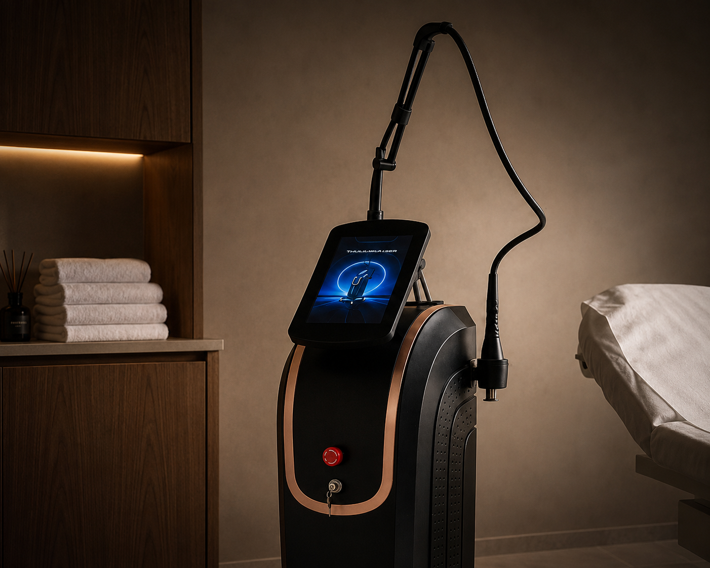 Thulium Laser Pro™ close three-quarter view showing touchscreen, articulated treatment arm and professional clinic design