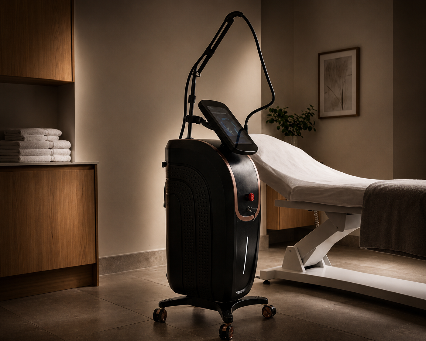 Thulium Laser Pro™ side profile showing touchscreen, ventilated body and articulated laser treatment arm