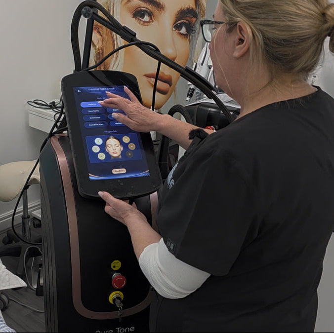 Aesthetics nurse interacting with a thulium laser machine in a clinical setting
