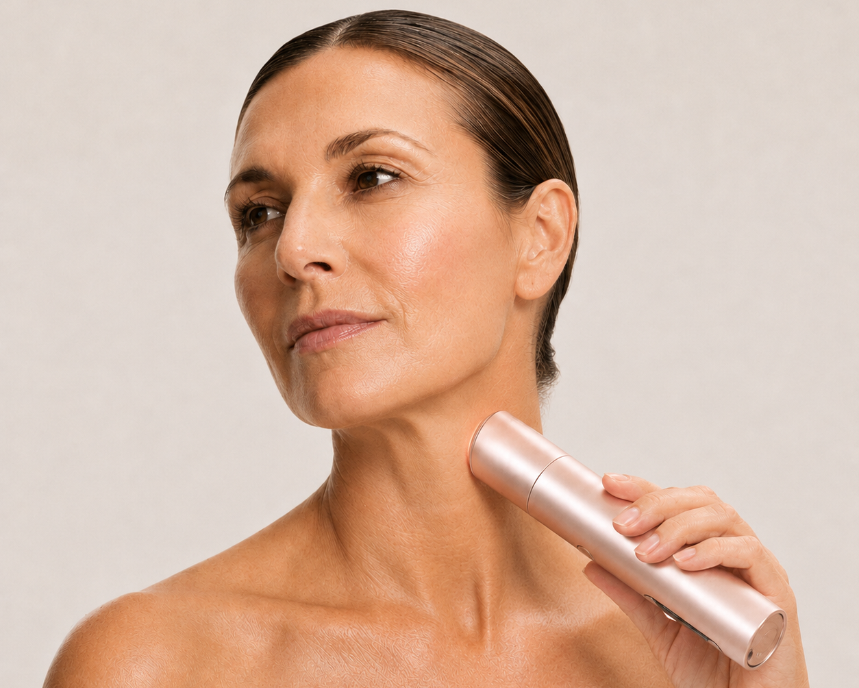Woman using the Innocera Max multi-technology skincare device on her neck