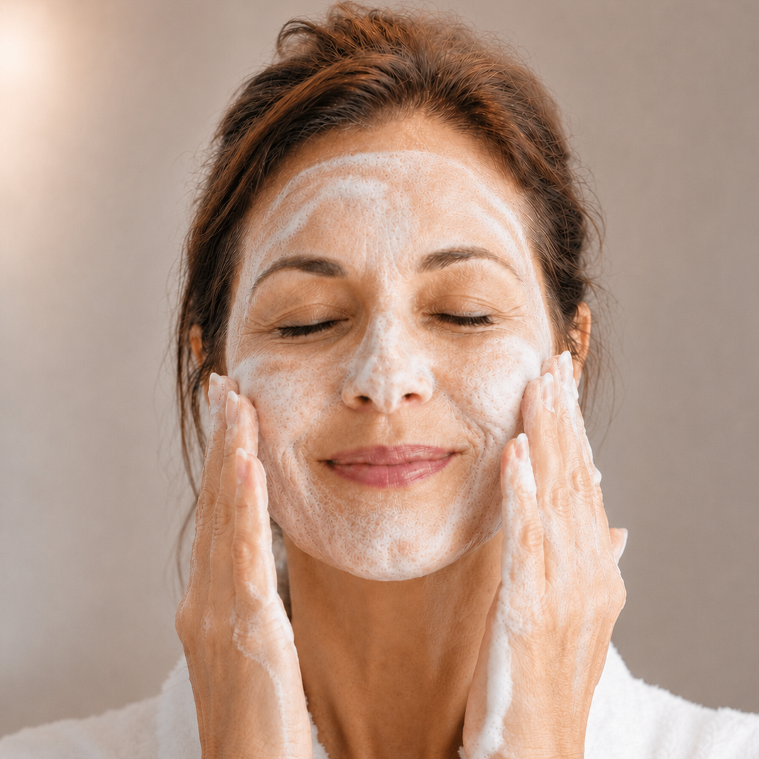 Woman cleansing her face with Pure Tone Aesthetics foaming cleansing gel