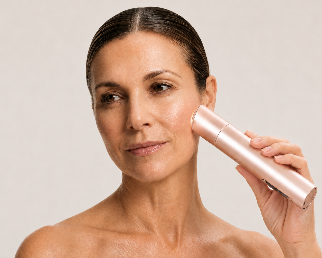 Woman using the Innocera Max multi-technology skincare device on her cheek