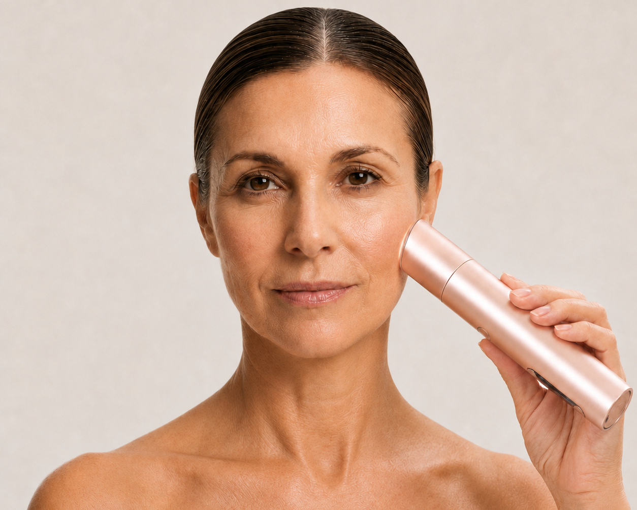 Woman using the Innocera Max skin lifting and rejuvenation device on her cheek