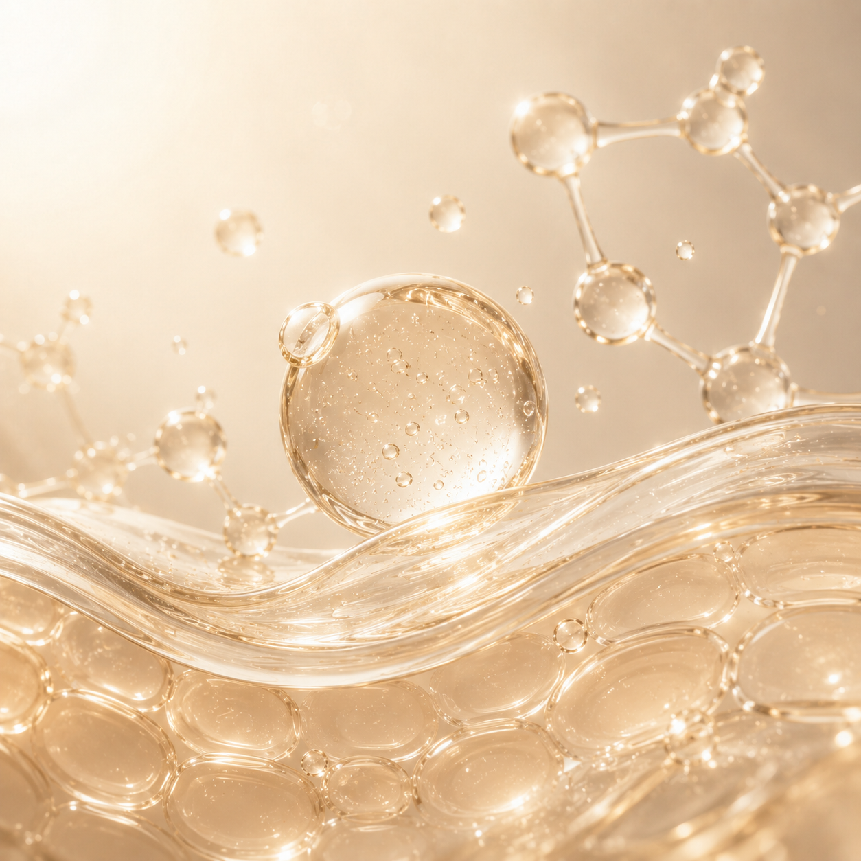 Abstract luxury skincare illustration representing Ginseng-Derived Polynucleotides PDRN for visible skin quality, elasticity and resilience.