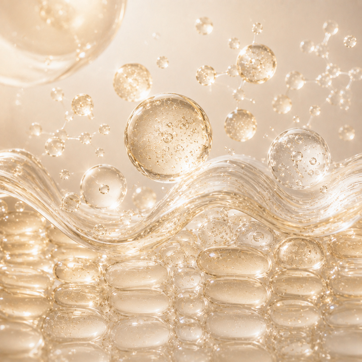 Abstract luxury skincare illustration representing Multi-Molecular Hyaluronic Acid Complex for smoother, more hydrated-looking skin.